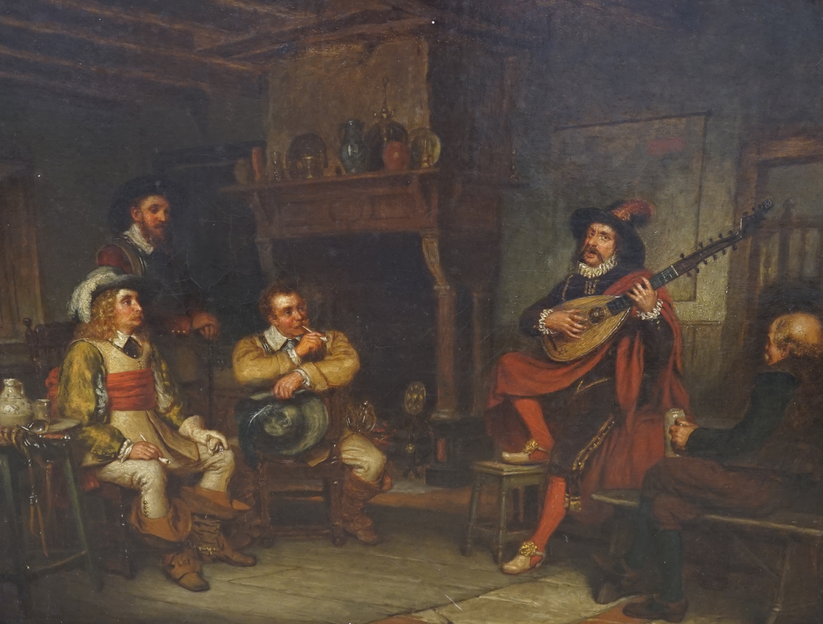 John Watkins Chapman (1853-1903), oil on canvas, 'The Strolling Minstrels' signed and indistinctly dated, possibly 1880, 37 x 47cm, ornate gilt framed. Condition - fair, craquelure and some minor scratches